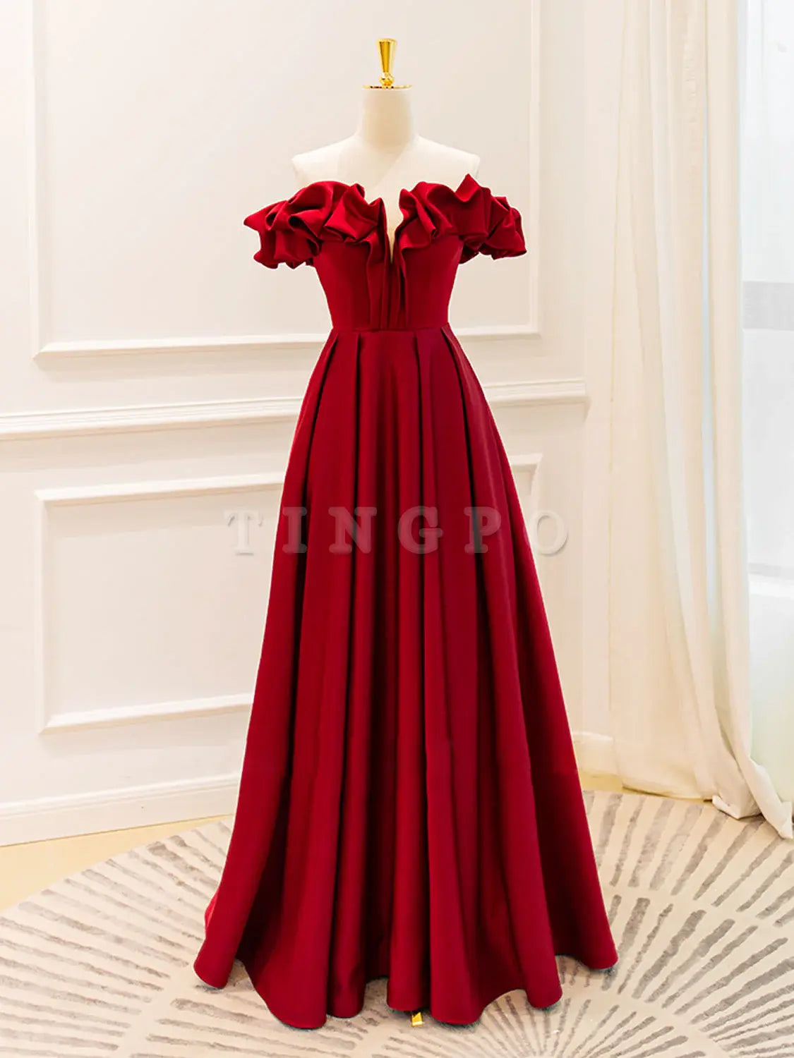 Wholesale A-Line Off Shoulder Satin Burgundy Long Prom Dress Burgundy Evening Dresses gowns evening dresses